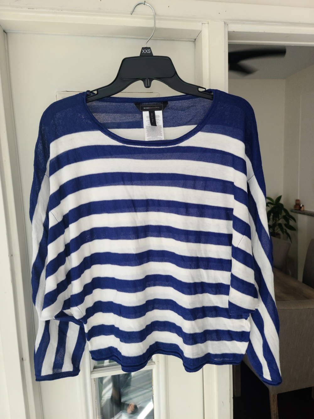 BCBGMaxAzria Blue and White Striped Scoop Neck Sweater